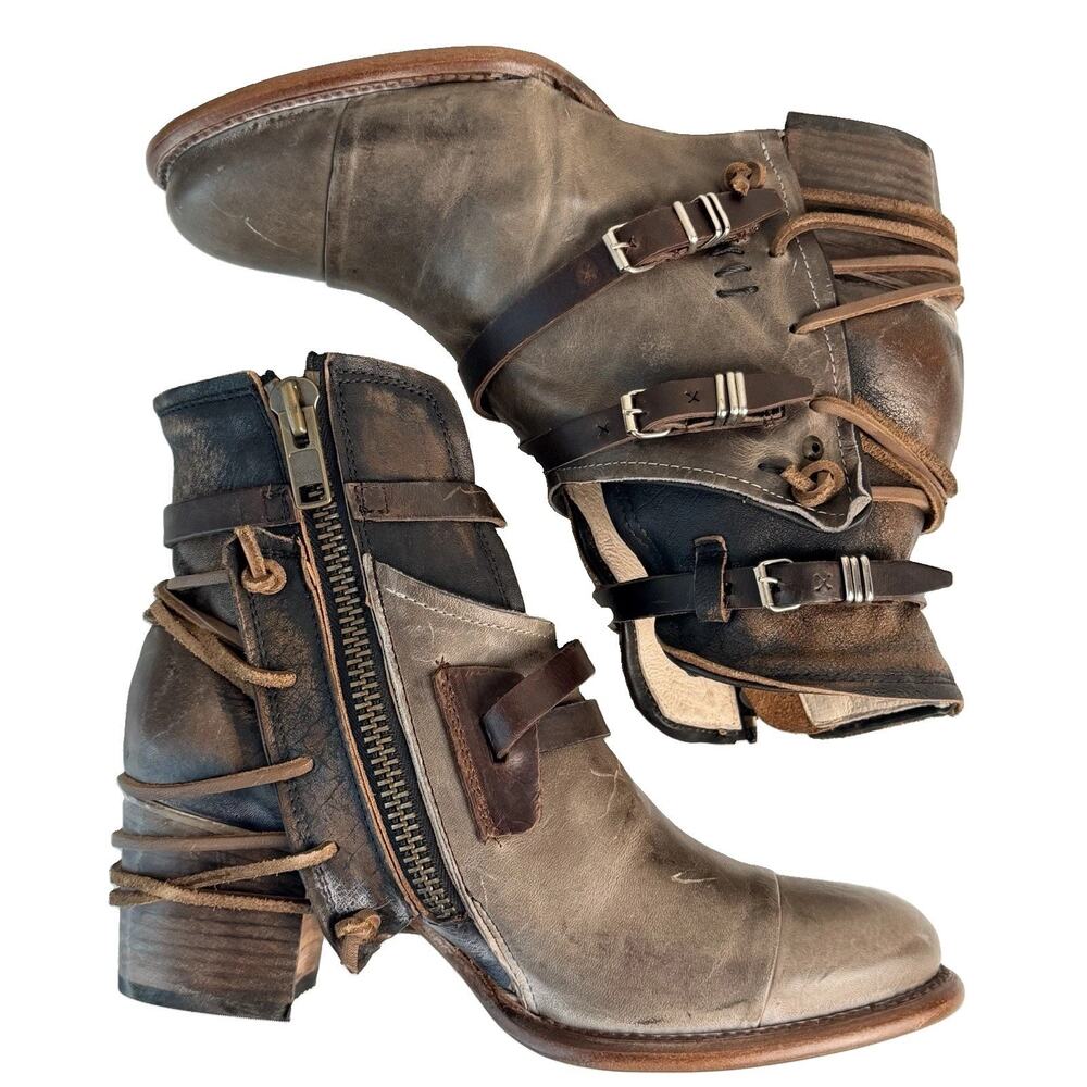 Freebird by Steven Crue Boots 11 Grey Leather Strap Zip Distressed Bootie EUC - Picture 6 of 9